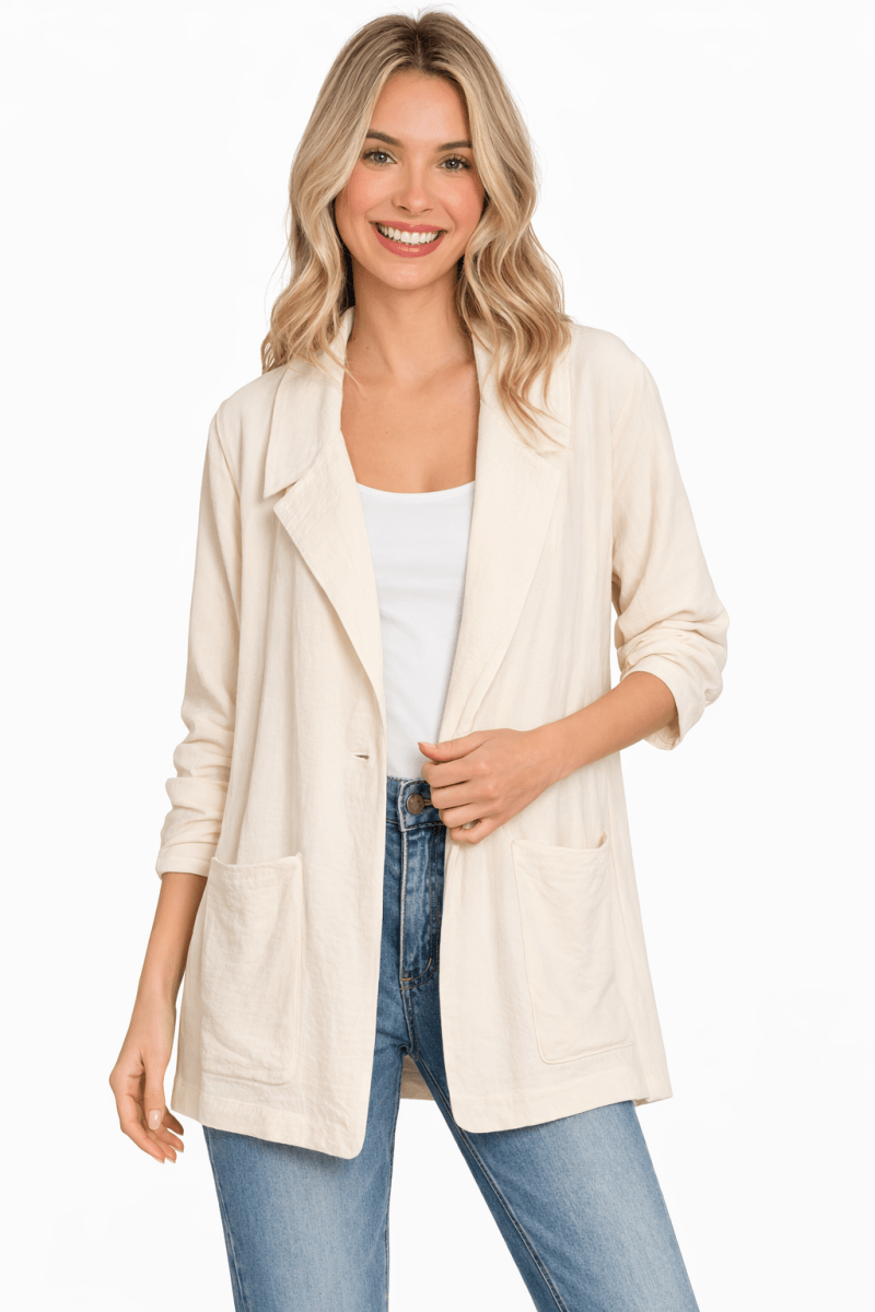 Women's Tailored One Button Long Sleeve Blazer with Pockets - AMVIM
