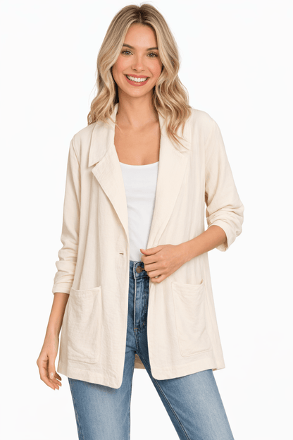 Women's Tailored One Button Long Sleeve Blazer with Pockets - AMVIM