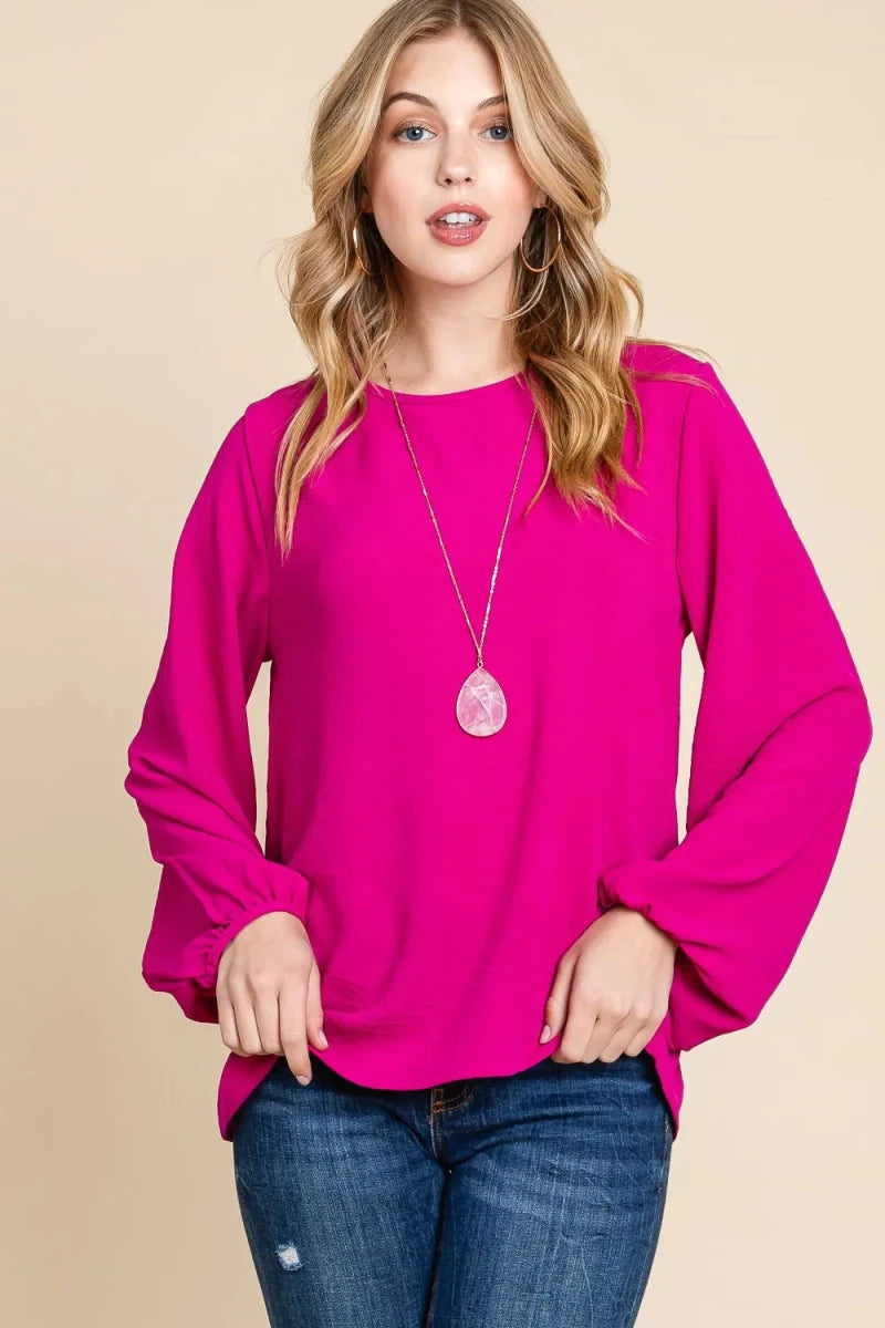 Women's Textured Balloon Sleeve Blouse with Relaxed Fit - AMVIM