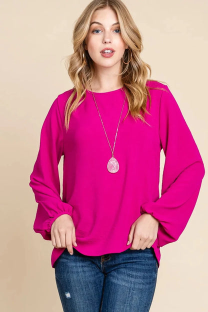 Women's Textured Balloon Sleeve Blouse with Relaxed Fit - AMVIM