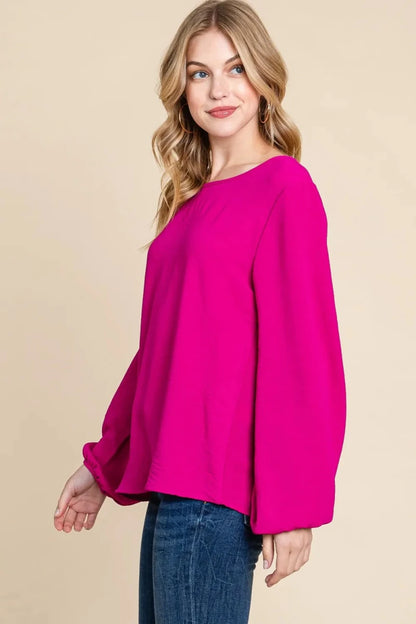Women's Textured Balloon Sleeve Blouse with Relaxed Fit - AMVIM