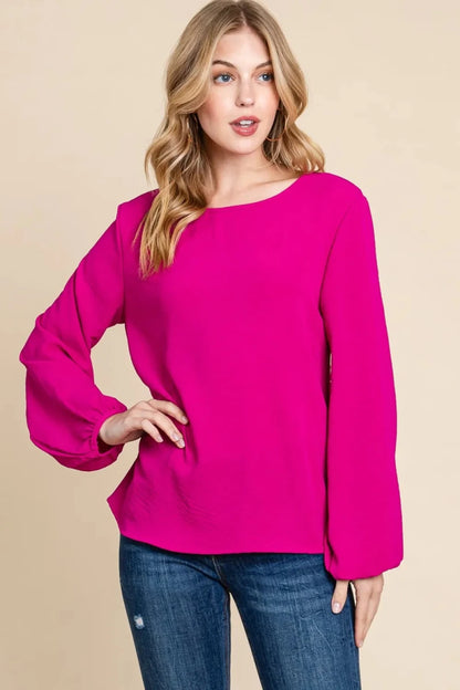 Women's Textured Balloon Sleeve Blouse with Relaxed Fit - AMVIM