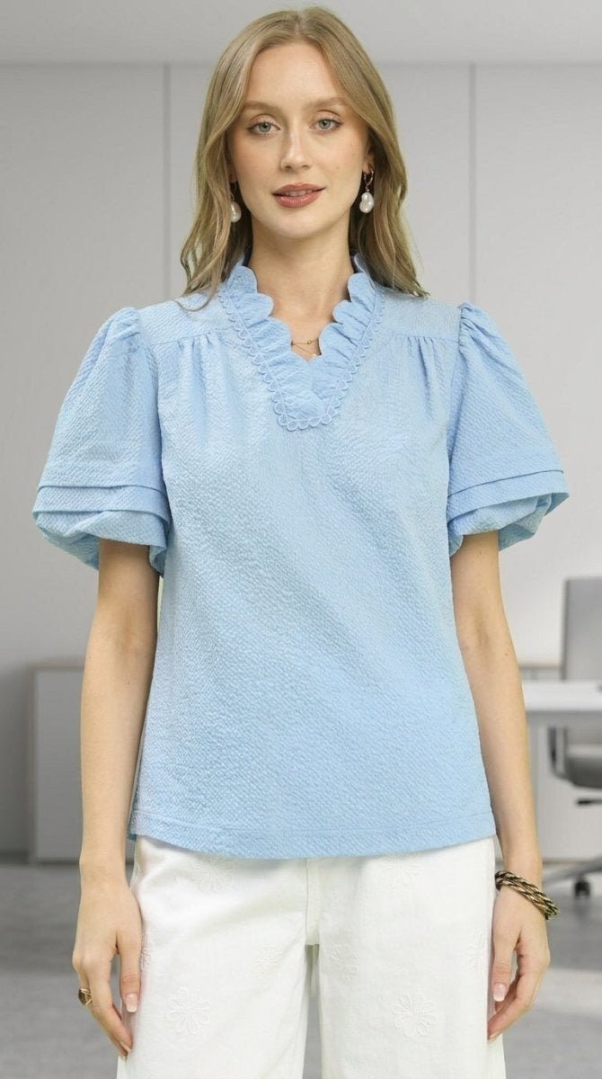 Women's Textured Blouse – Scallop Trim Puff Sleeve - AMVIM