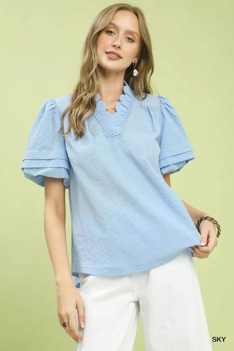 Women's Textured Blouse – Scallop Trim Puff Sleeve - AMVIM | SKU: 100100657811711, 100100657812465, 100100657813442
