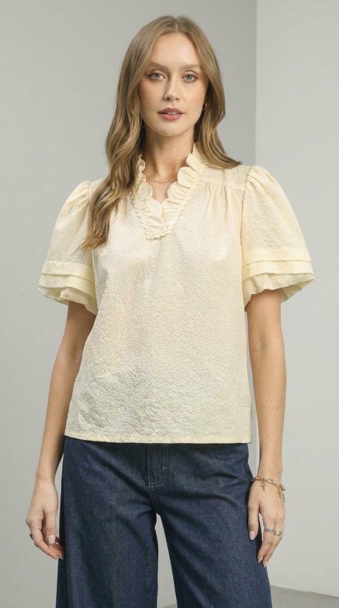 Women's Textured Blouse with Scallop Trim Puff Sleeves – Relaxed Fit - AMVIM