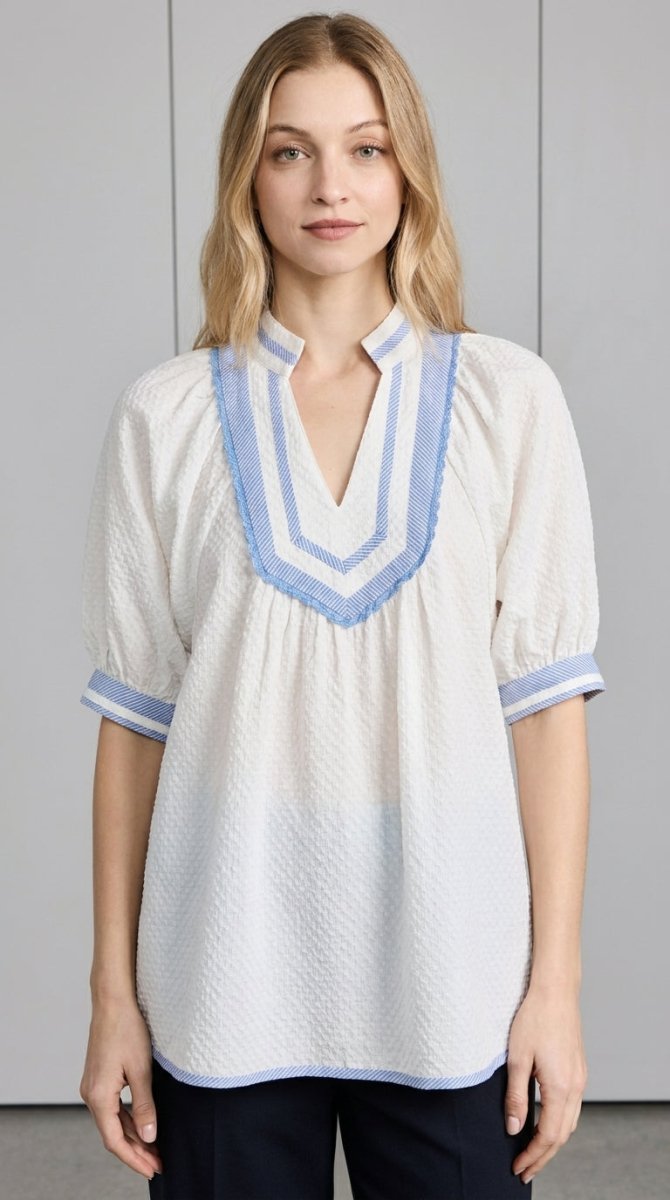 Women's Textured Jacquard Blouse – Split Neckline - AMVIM