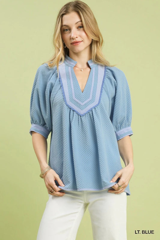 Women's Textured Jacquard Puff Sleeve Blouse with Contrast Trim - AMVIM