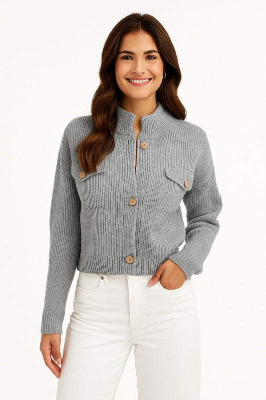 Women's Textured Knit Button Down Long Sleeve Jacket - AMVIM