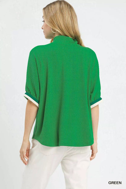 Women's Textured Knit Top with Striped Trim Detail - AMVIM