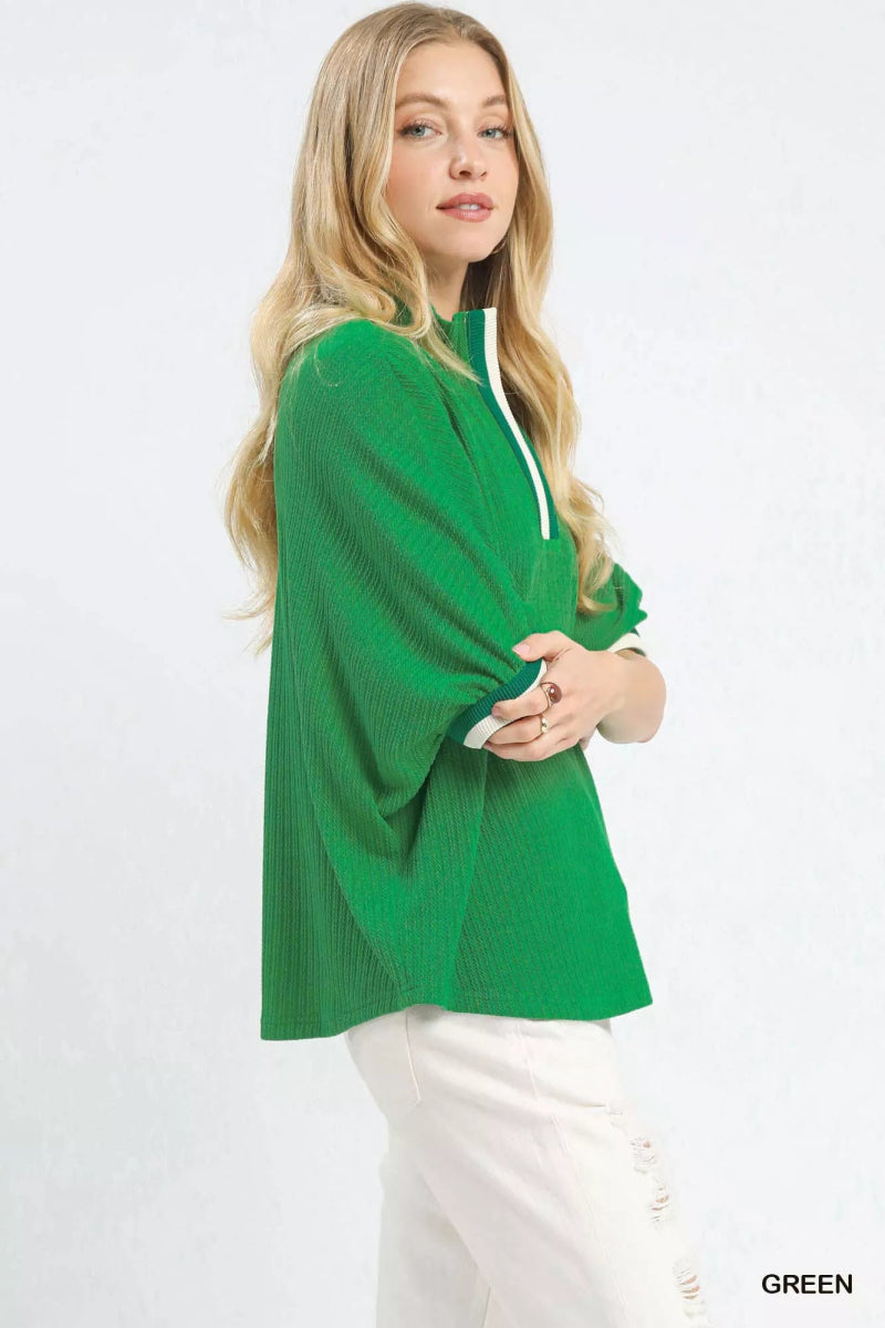 Women's Textured Knit Top with Striped Trim Detail - AMVIM