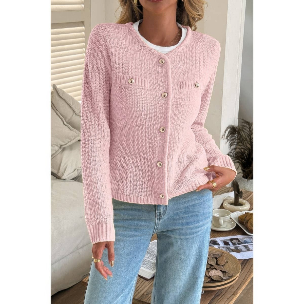 Women's Textured Knit V Neck Cropped Long Sleeve Sweater - AMVIM