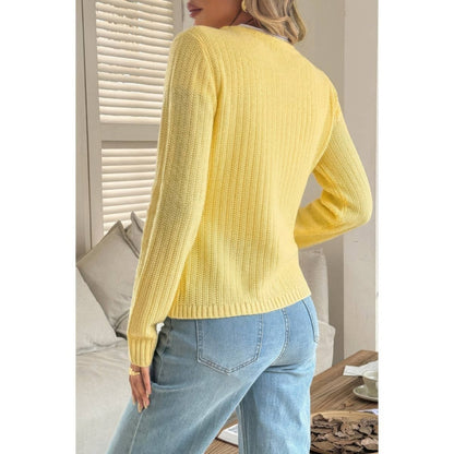 Women's Textured Knit V Neck Cropped Long Sleeve Sweater - AMVIM