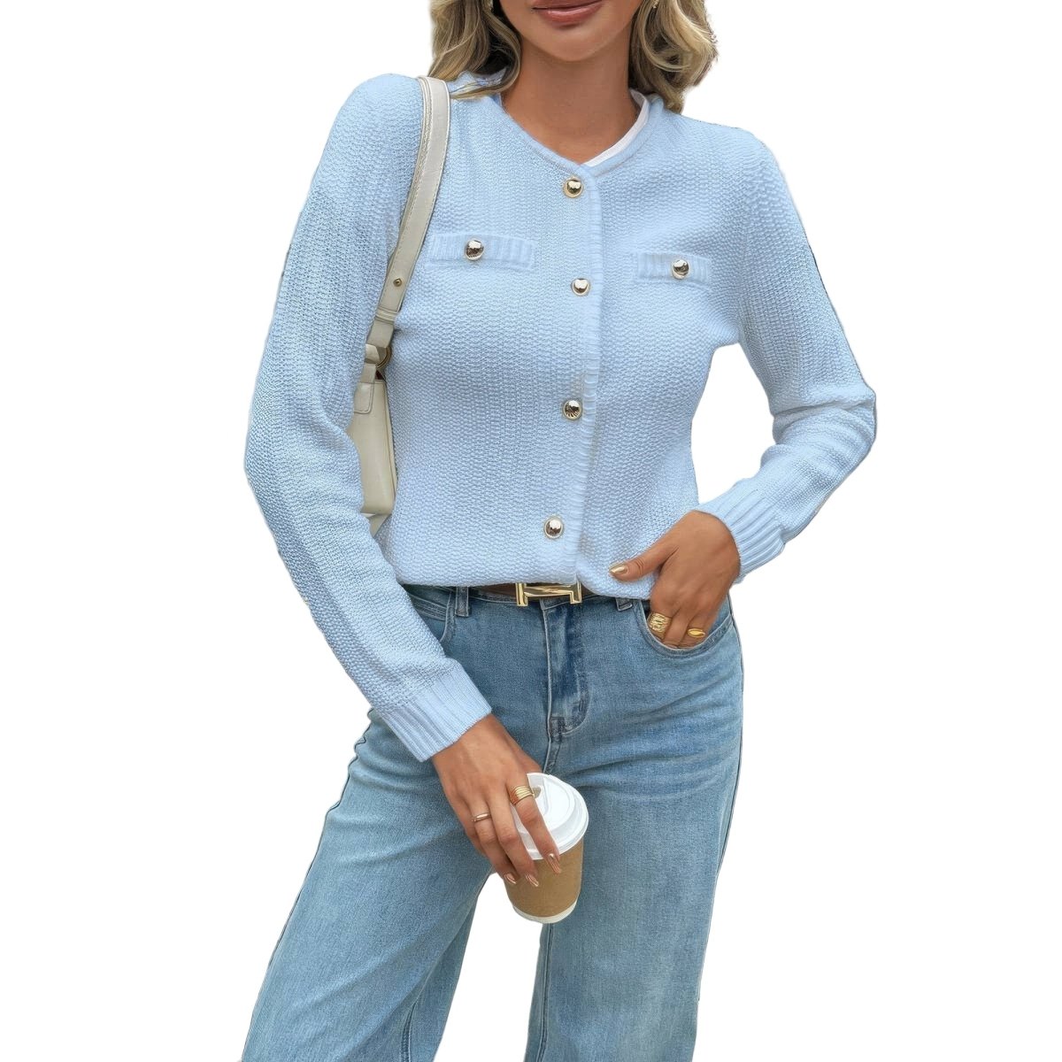 Women's Textured Knit V Neck Cropped Long Sleeve Sweater - AMVIM