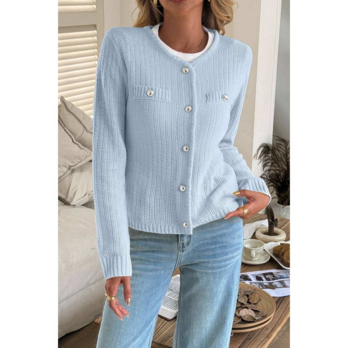 Women's Textured Knit V Neck Cropped Long Sleeve Sweater - AMVIM