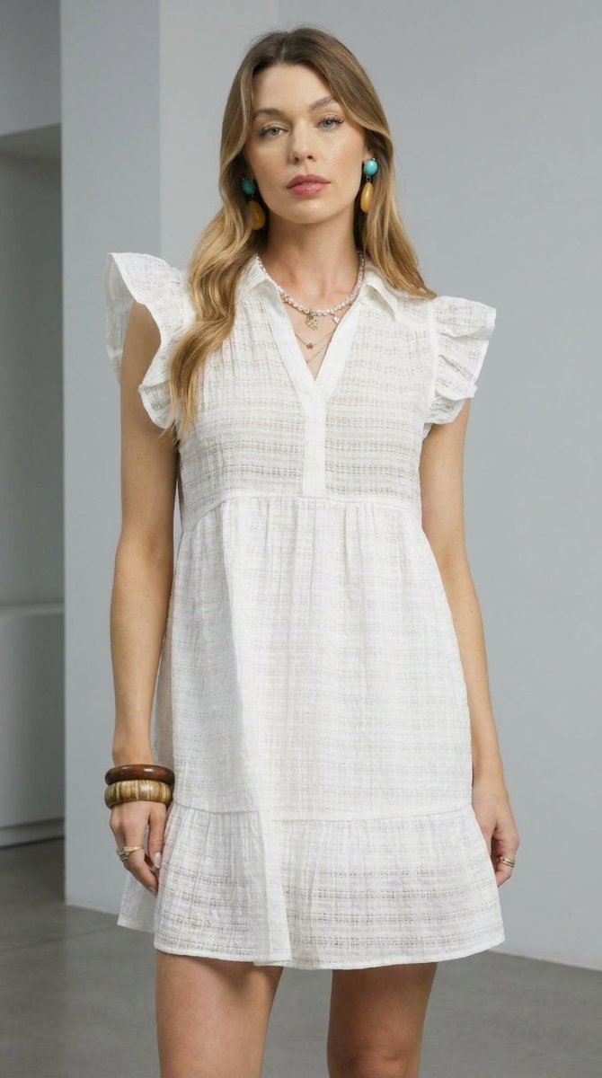 Women's Textured Mini Dress – Ruffle Cap Sleeve - AMVIM