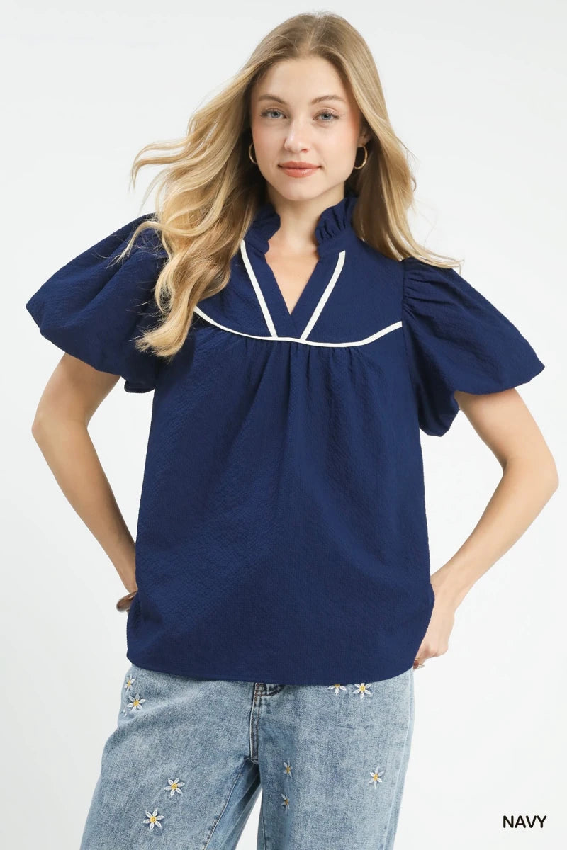 Women's Textured Polyester Blouse – Puff Sleeve Fit - AMVIM