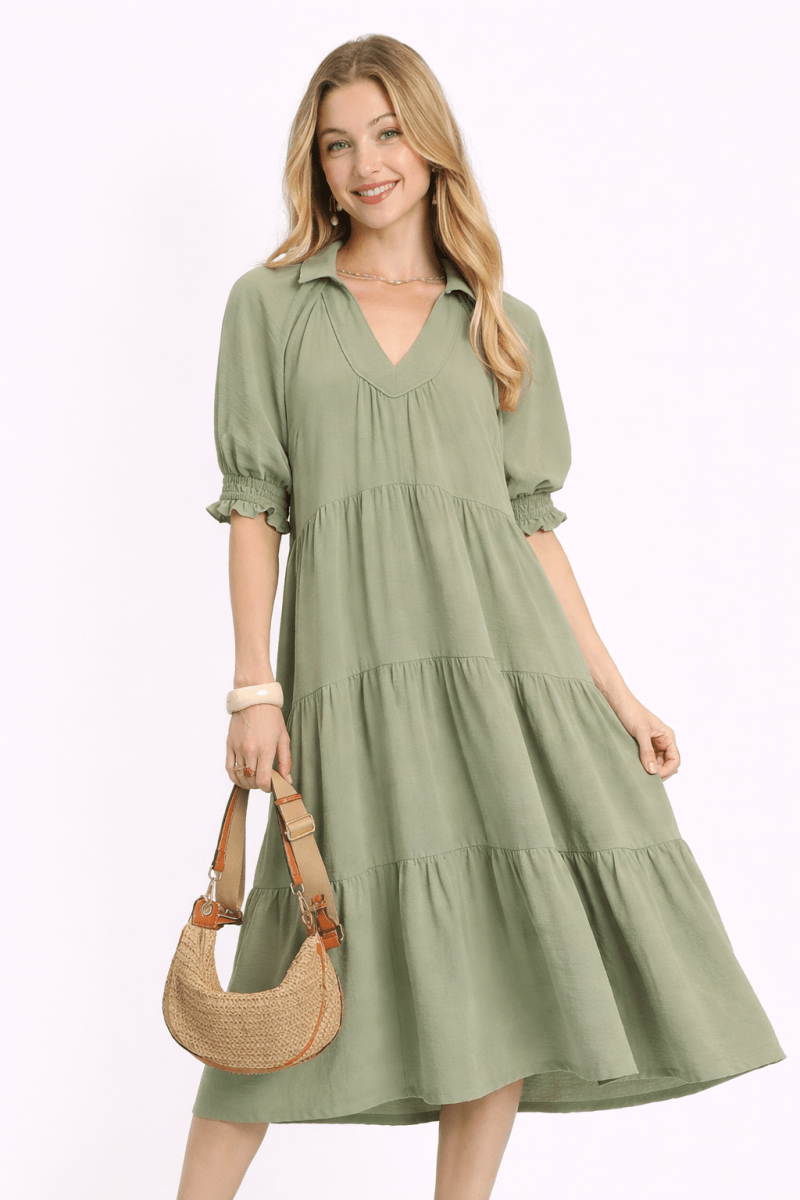 Women's Tiered Midi Dress with V - Neck and Puff Sleeves - AMVIM