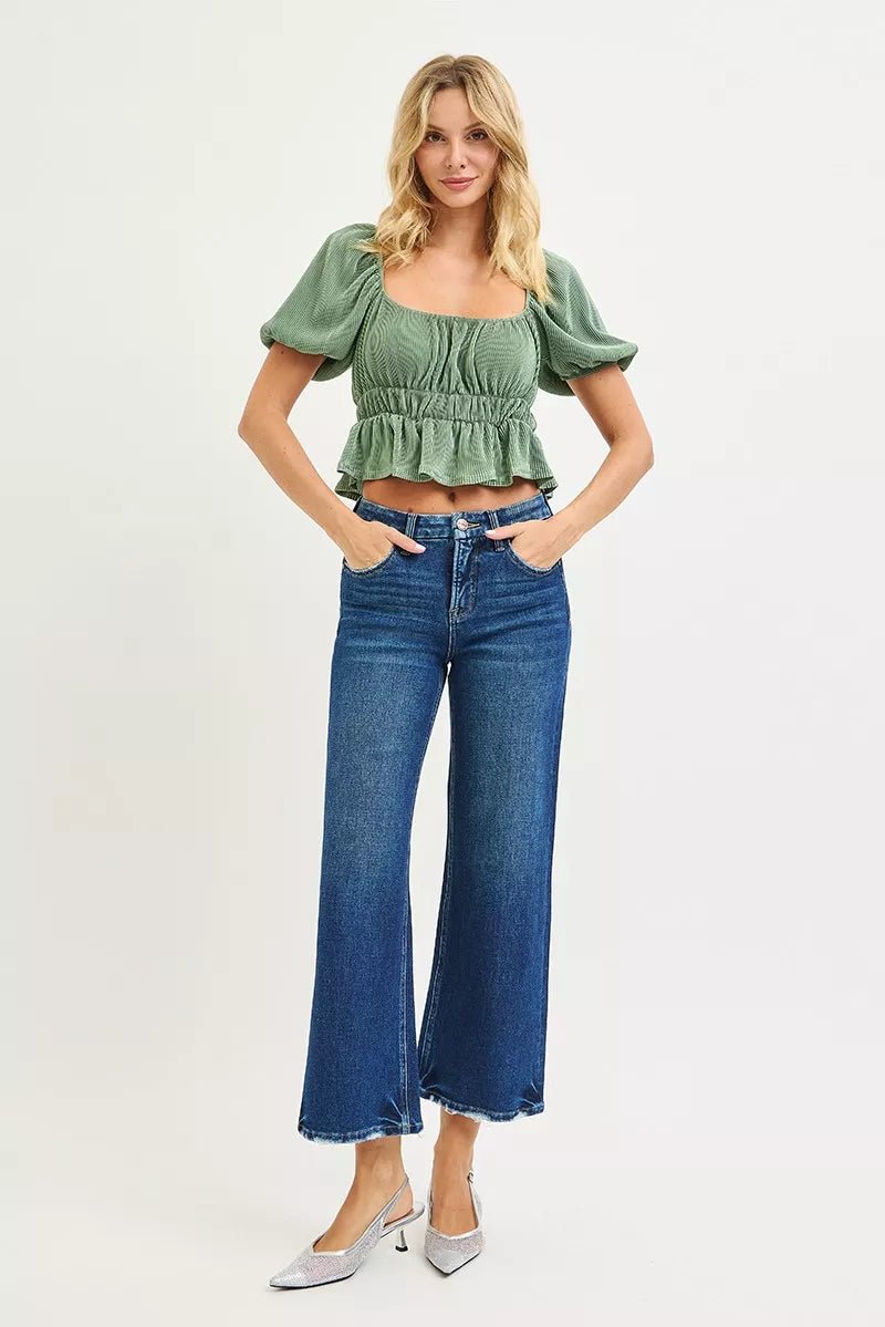 Women's Tummy Control High Rise Crop Wide Leg Jeans - AMVIM