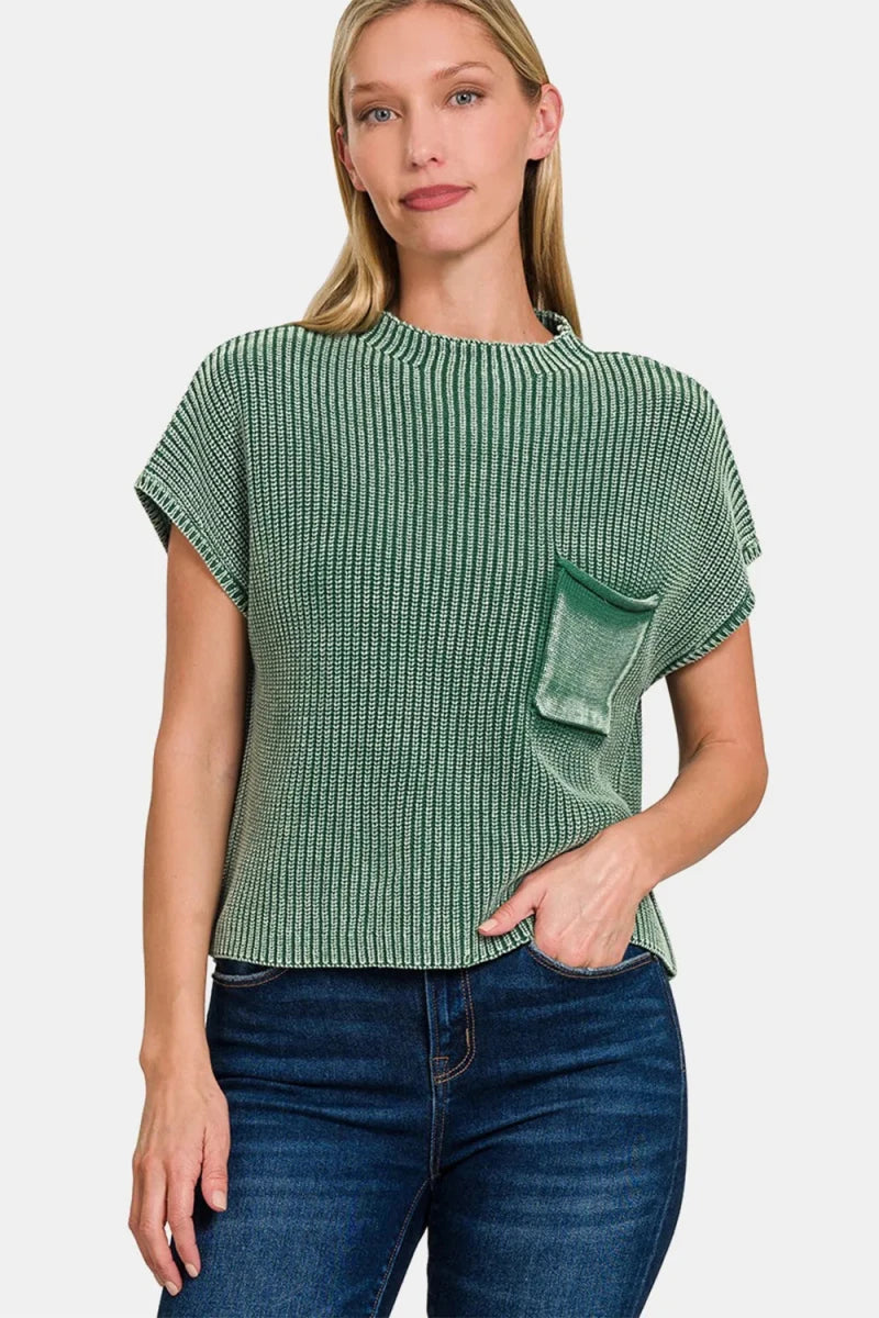 Women's Washed Cotton Sweater – Mock Neck Crop - AMVIM