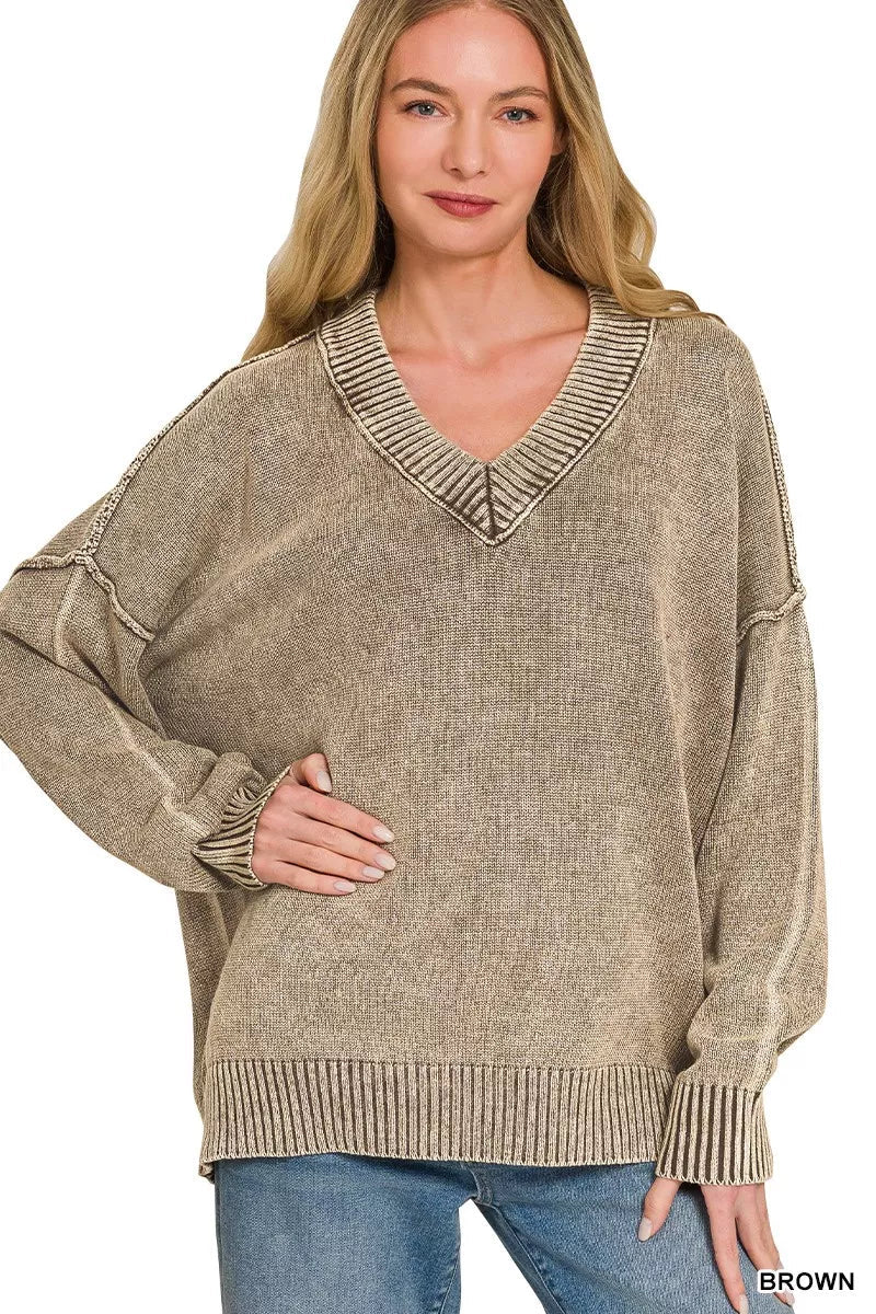 Women's Washed Knit Sweater – Oversized V-Neck Brown - AMVIM