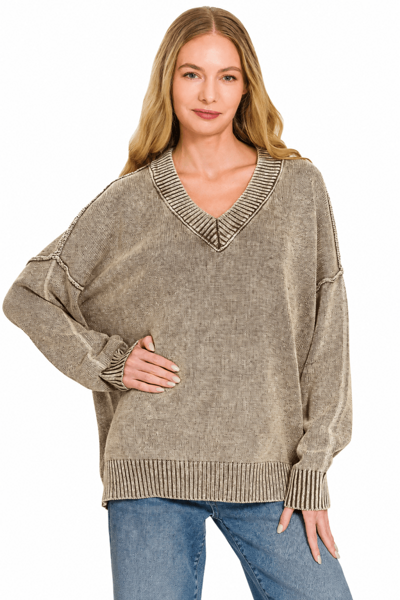 Women's Washed Knit Sweater – Oversized V-Neck Brown - AMVIM