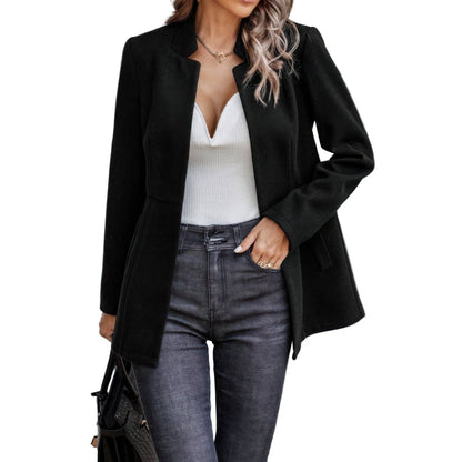 Women's Wool Blend Long Sleeve Elegant Overcoat with Pockets - AMVIM