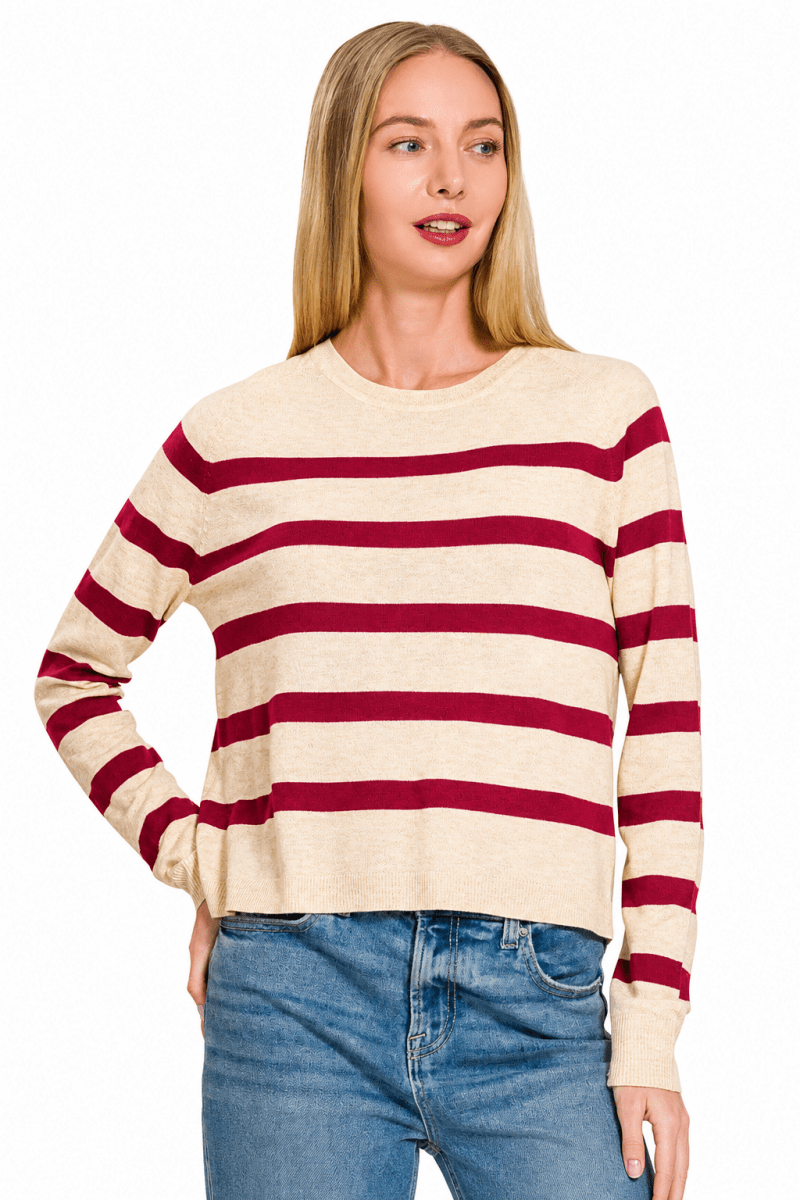 Women's Wool Blend Sweater – Lightweight Striped Round Neck - AMVIM