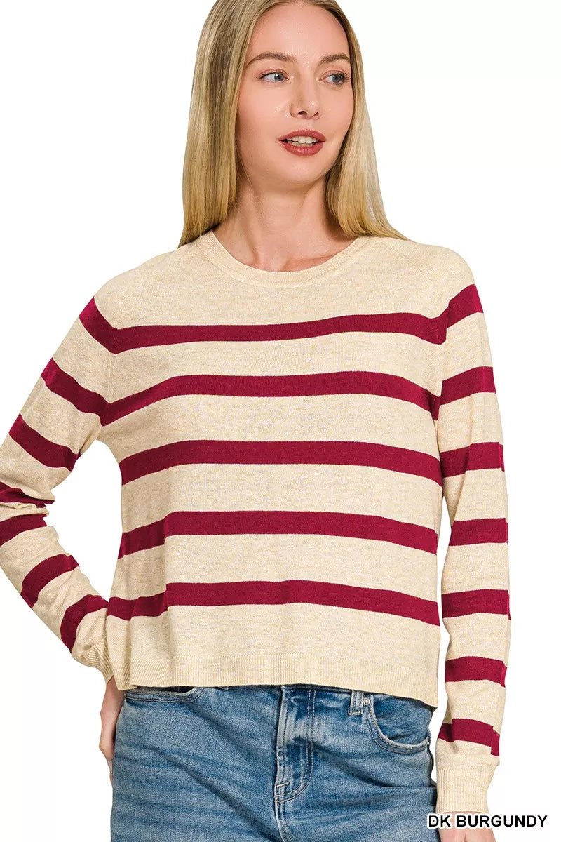 Women's Wool Blend Sweater – Lightweight Striped Round Neck - AMVIM