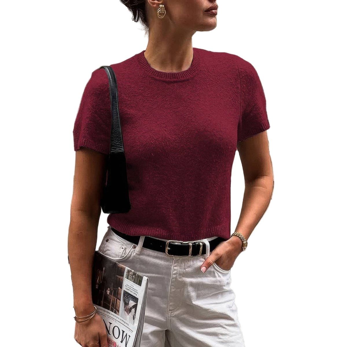 Women's Wool O Neck Knit Short Sleeve Shirt - AMVIM