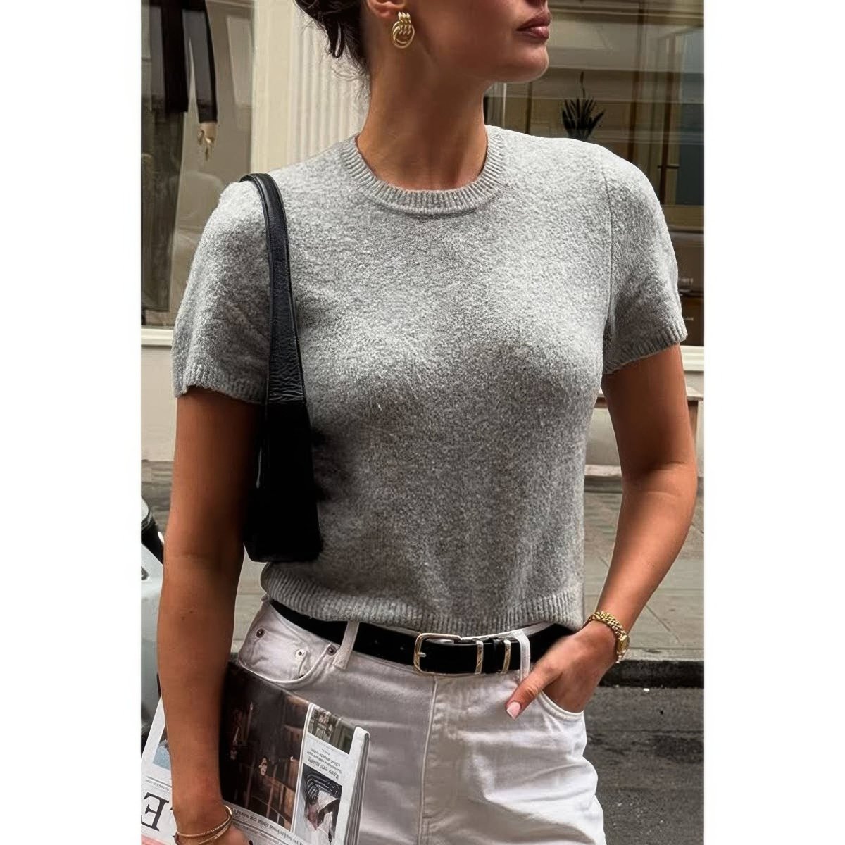 Women's Wool O Neck Knit Short Sleeve Shirt - AMVIM