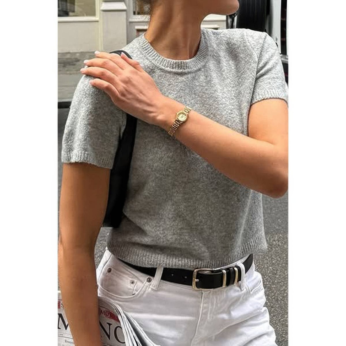 Women's Wool O Neck Knit Short Sleeve Shirt - AMVIM