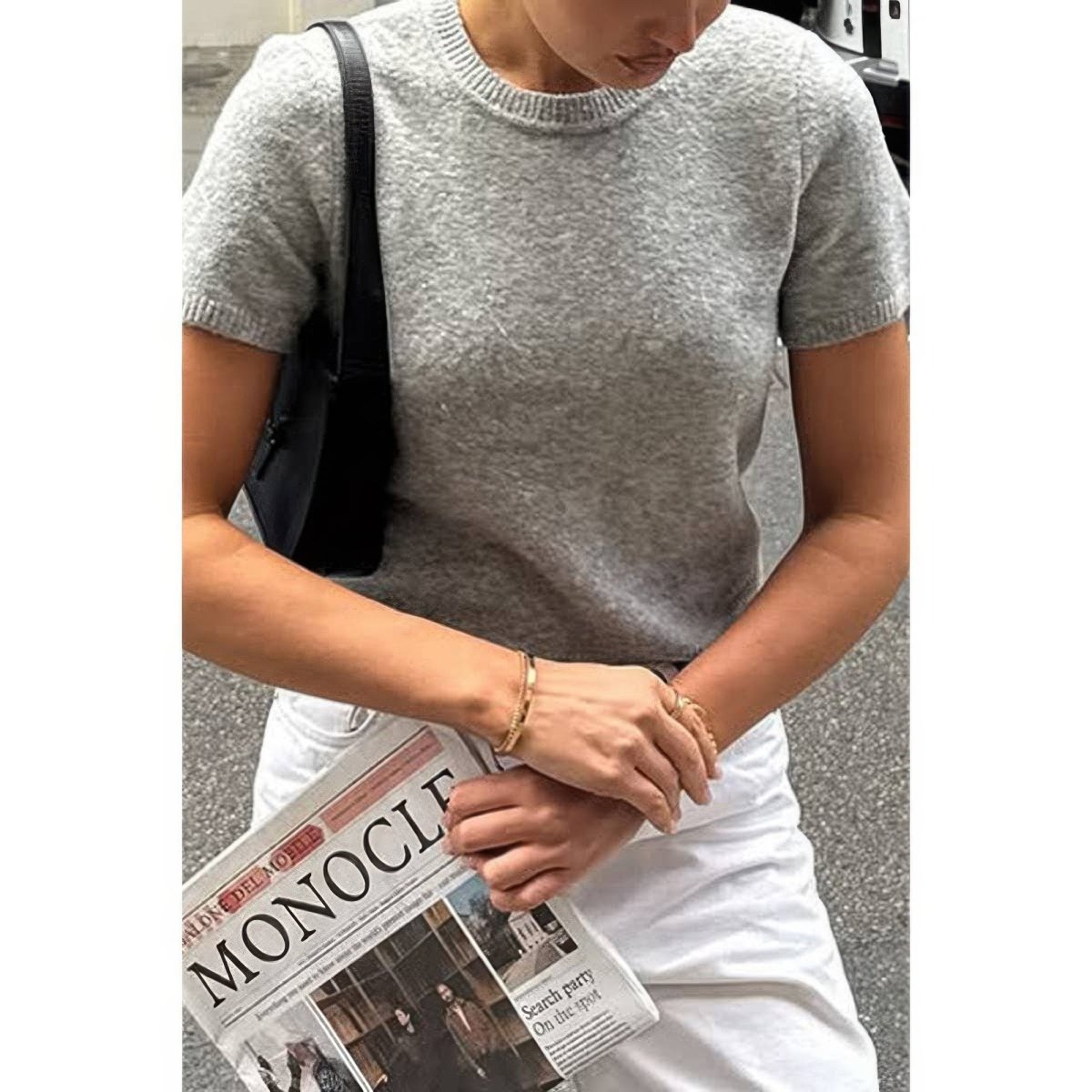 Women's Wool O Neck Knit Short Sleeve Shirt - AMVIM