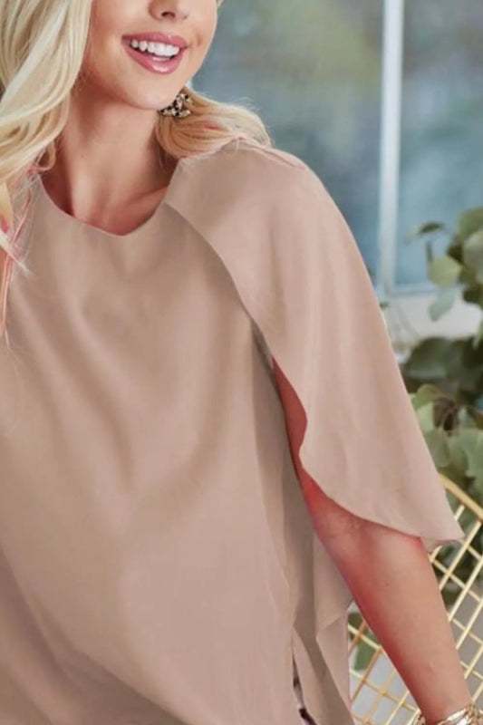 Woven Top with Fold - Over Back Detail – Draped Sleeves Blouse - AMVIM