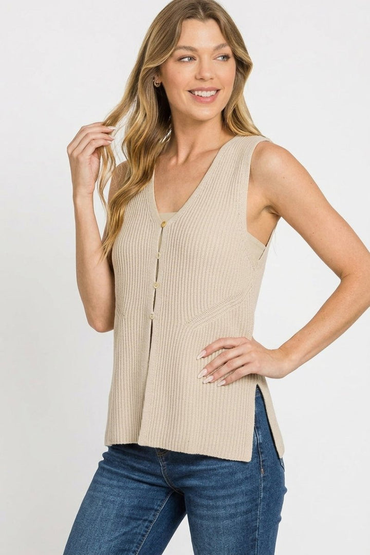 Zenana 4 Buttons Ribbed Sweater Vest - AMVIM