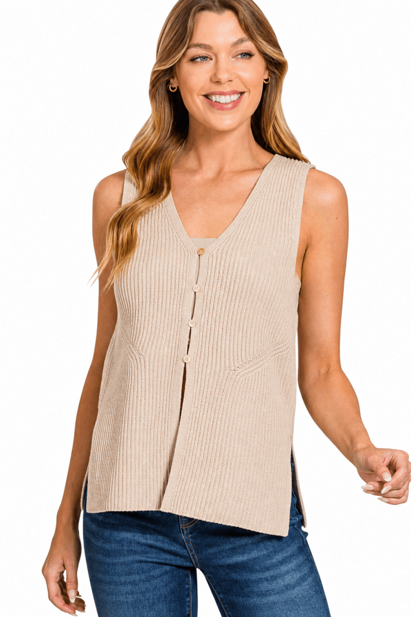 Zenana 4 Buttons Ribbed Sweater Vest - AMVIM
