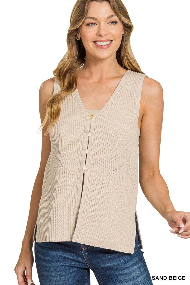 Zenana 4 Buttons Ribbed Sweater Vest - AMVIM