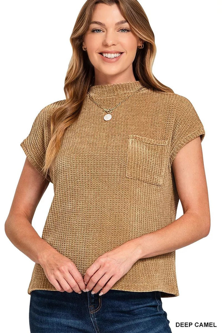 Zenana Chenille Waffle Knit Short Sleeve Sweater - AMVIM