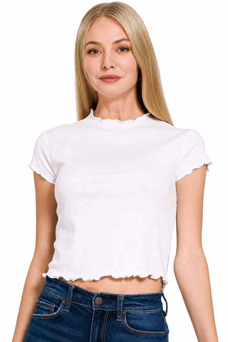 Zenana Cotton Modal Slub Lettuce Trim Cropped T-Shirt - AMVIM