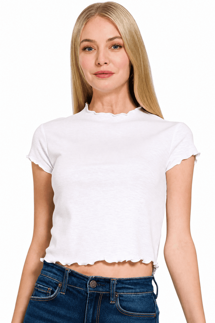 Zenana Cotton Modal Slub Lettuce Trim Cropped T-Shirt - AMVIM