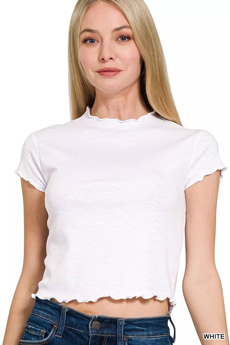 Zenana Cotton Modal Slub Lettuce Trim Cropped T-Shirt - AMVIM