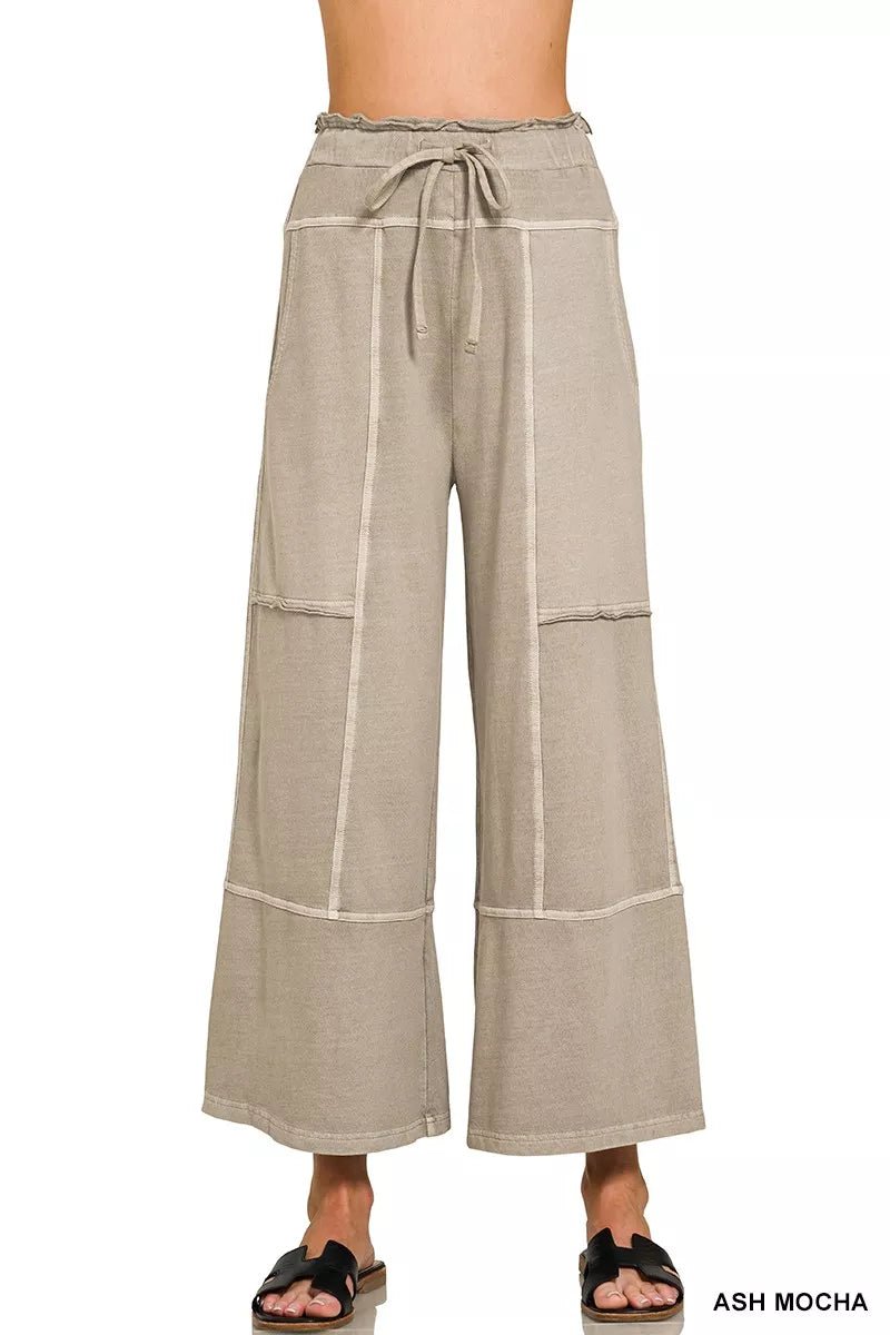 Zenana French Terry Washed Exposed-seam Wide Leg Pants - AMVIM