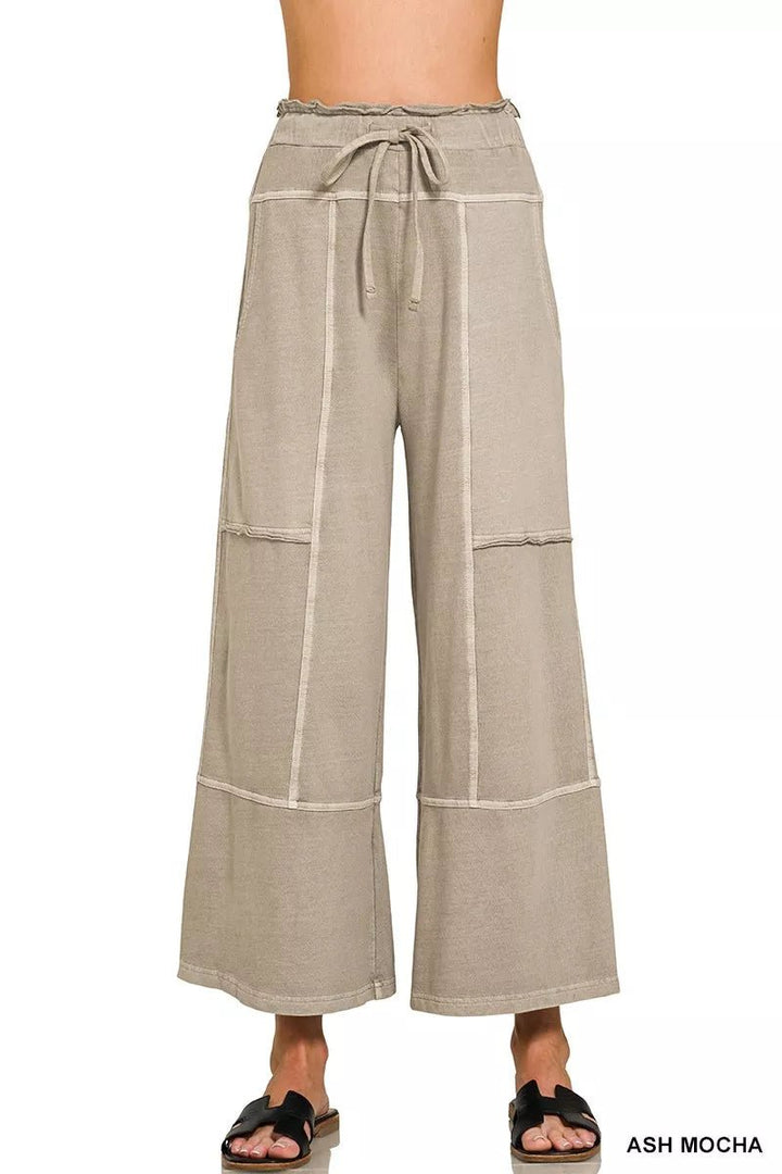 Zenana French Terry Washed Exposed-seam Wide Leg Pants - AMVIM