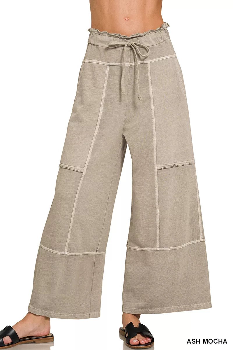Zenana French Terry Washed Exposed-seam Wide Leg Pants - AMVIM