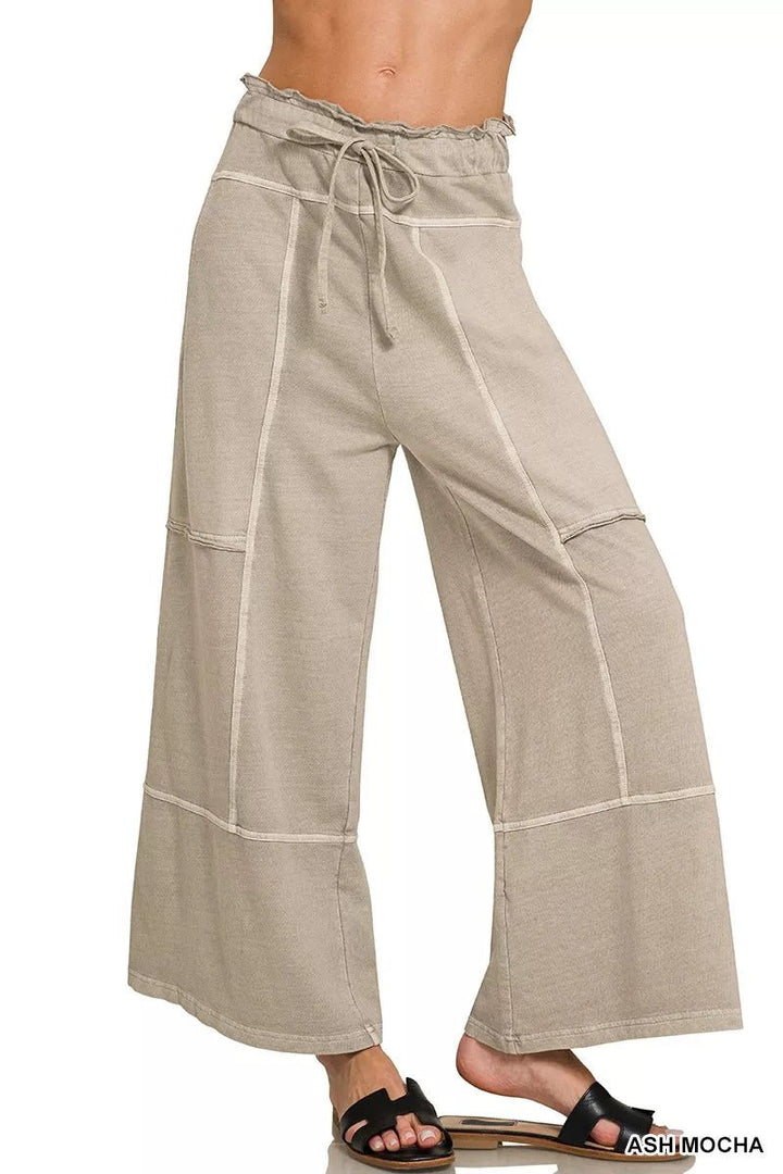 Zenana French Terry Washed Exposed-seam Wide Leg Pants - AMVIM