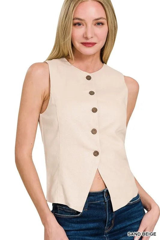 Zenana Linen Button-Up Vest - AMVIM