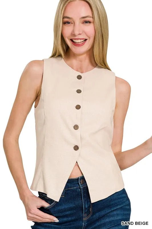 Zenana Linen Button-Up Vest - AMVIM