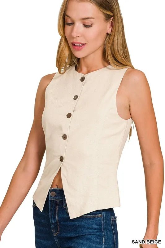 Zenana Linen Button-Up Vest - AMVIM
