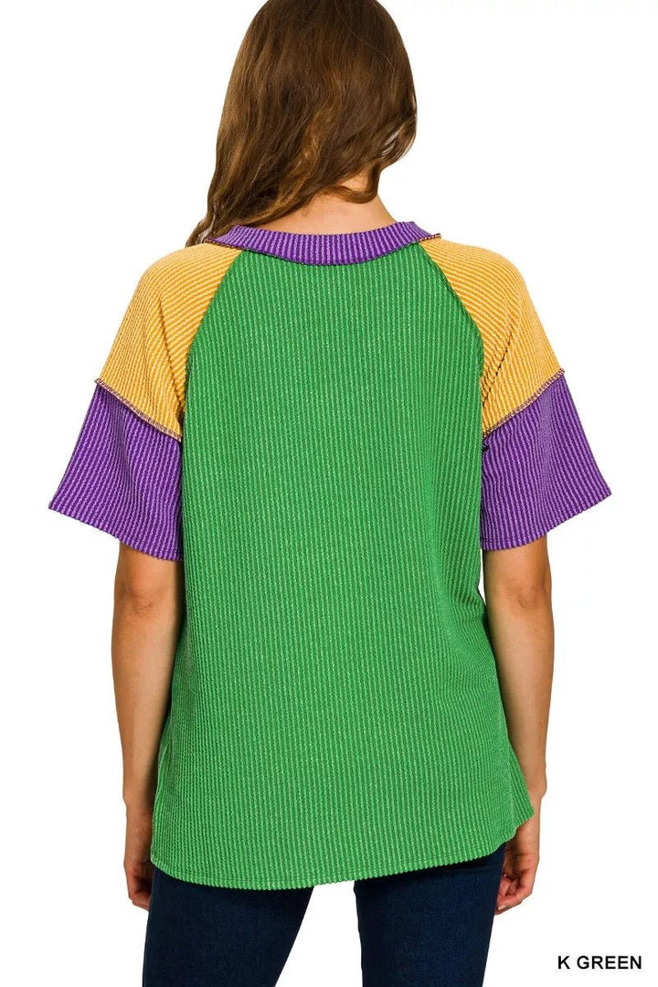 Zenana Mardi Gras Color Block Ribbed Top - AMVIM