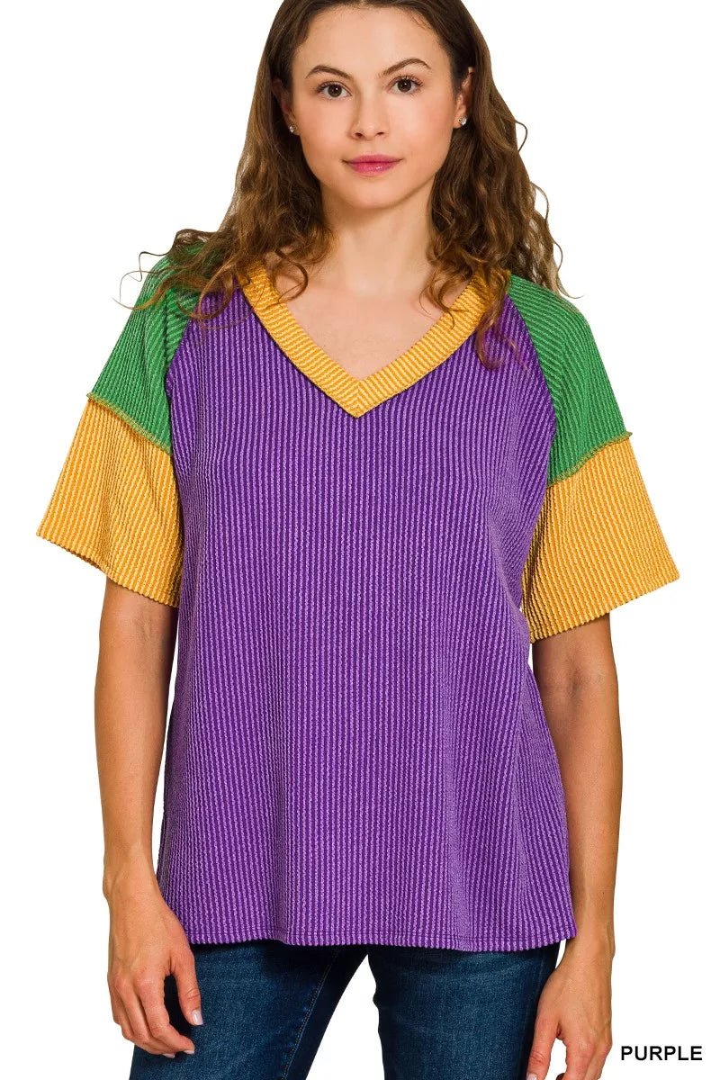 Zenana Mardi Gras Color Block Ribbed Top - AMVIM