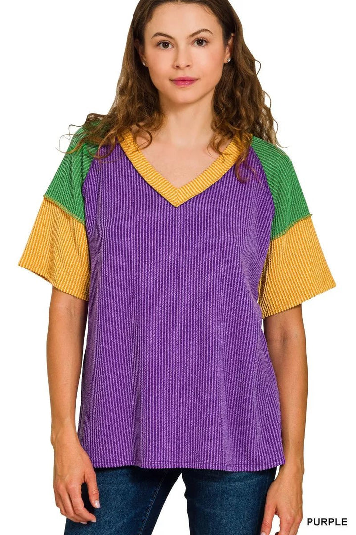 Zenana Mardi Gras Color Block Ribbed Top - AMVIM